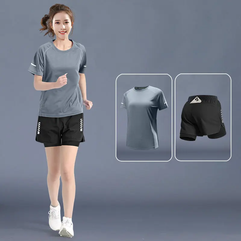 Running Gear For Marathon - レディースサマーランニングセット - アイスシルク速乾Tシャツ＆プラスサイズショーツ、マラソントレーニング用アスレチックジムウェア
