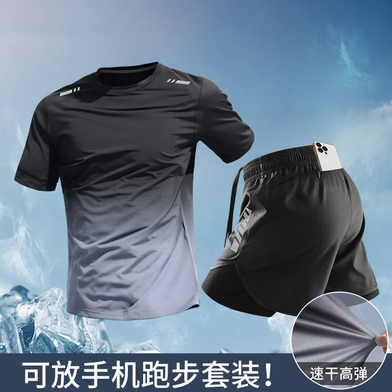 メンズ2ピースランニングセット：速乾性アイスシルクTシャツ＆ - Running Gear For Marathon のレビューと価格
